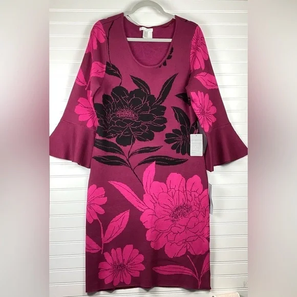 London Times NWT Women'sBell Sleeve Floral Print Sheath Sweater Dress Size XL